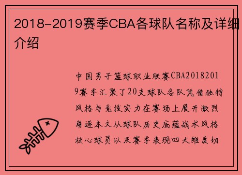 2018-2019赛季CBA各球队名称及详细介绍