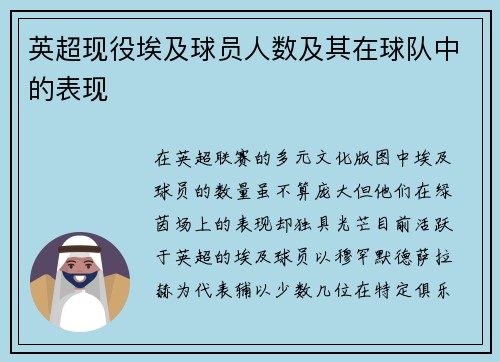 英超现役埃及球员人数及其在球队中的表现